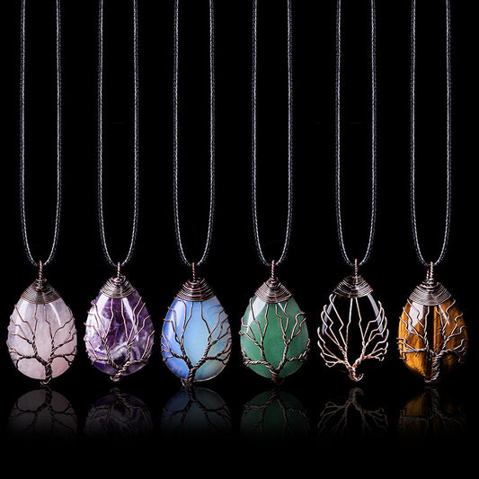 Natural Stone Crystal Drop-shaped Winding Tree Of Life Pendant Necklace Jewelry